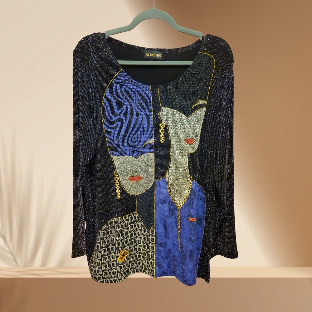 Ki Meng Vintage Metallic Art Top | Bold Faces Graphic | Approx. Size L